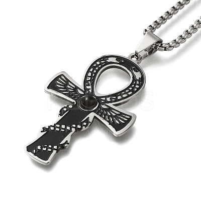 201 Stainless Steel Pave Natural Tiger Eye Ankh Cross Pendant Box Chain Necklaces STAS-D196-04P-1