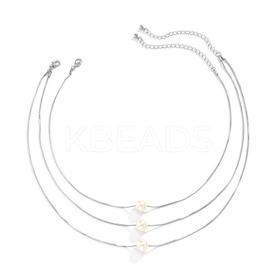 3Pcs Brass & Imitation Pearl Round Pendant Necklaces WGFA1C2-02-1