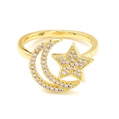 Clear Cubic Zirconia Moon and Star Open Cuff Ring for Women ZIRC-P096-15G-1