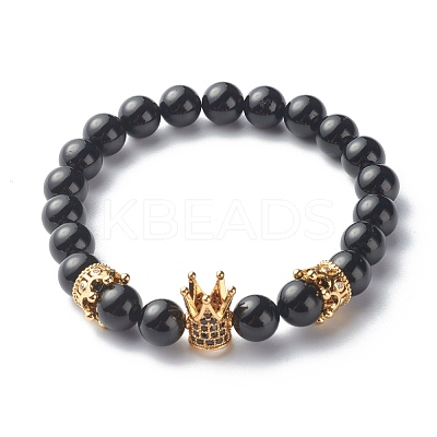 Natural Black Stone Round Beads Stretch Bracelets BJEW-JB06606-04-1