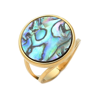 Flat Round 304 Stainless Steel Paua Shell Cuff Rings for Women RJEW-G346-02G-01-1