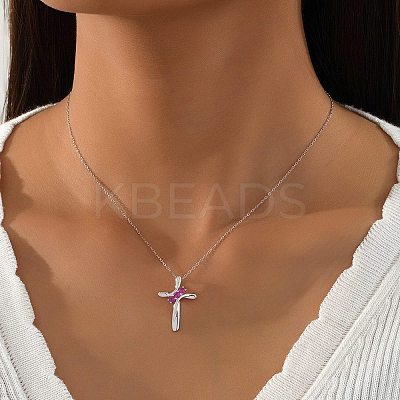 925 Sterling Silver Deep Pink Cubic Zirconia Cross Pendant Necklaces for Women FS-WGC3BD8-01-1