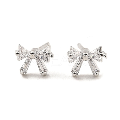 Brass Pave Clear Cubic Zirconia Bowknot Stud Earrings for Women EJEW-G362-13P-1