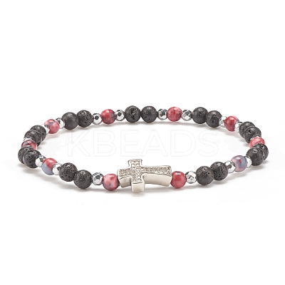 Natural & Synthetic Mixed Gemstone Beaded Stretch Bracelet with Clear Cubic Zirconia Cross for Women BJEW-JB08247-1