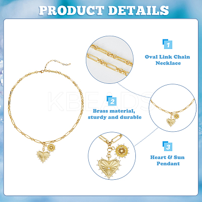 Brass Micro Pave Clear Cubic Zirconia Sun Heart Pendant Link Chain Necklaces NJEW-HS00021-1