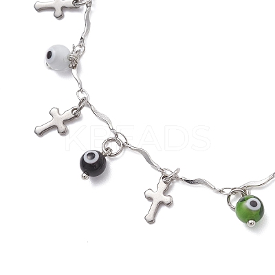 3Pcs 3 Colors Handmade Evil Eye Lampwork & 304 Stainless Steel Cross Tassel Bar Link Chain Anklets for Women AJEW-AN00741-1