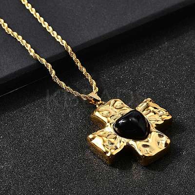 Cross with Heart 304 Stainless Steel Cubic Zirconia Pendant Necklaces NJEW-H070-01G-02-1