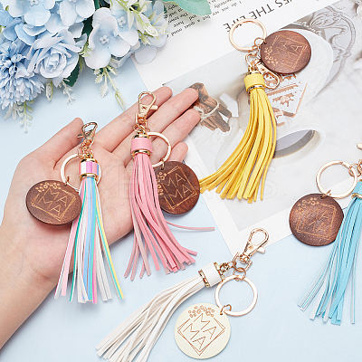 5Pcs 5 Colors Mother's Day PU Leather Tassel Big Pendant Decorations with Wooden Mama Charm HJEW-WR0001-02-1