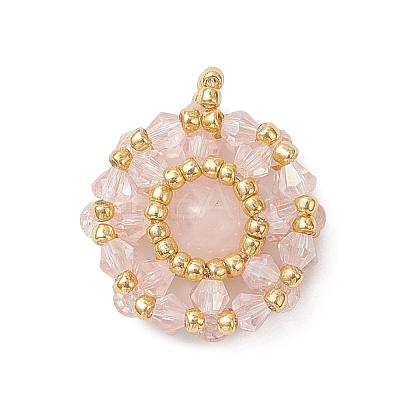 7Pcs 7 Colors Natural Carnelian & Mashan Jade & Amethyst & Tiger Eye & Rose Quartz & Glass Seed Beaded Flat Round Pendants PALLOY-MZ00950-1