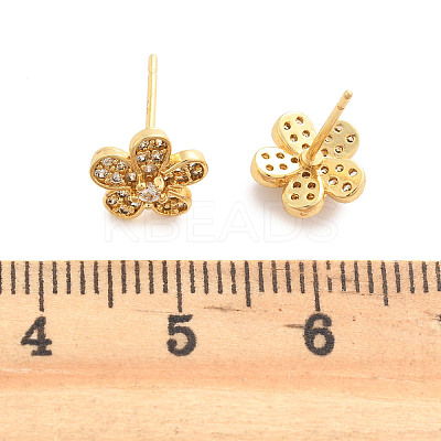 Flower Brass Micro Pave Clear Cubic Zirconia Stud Earrings EJEW-H162-03G-1