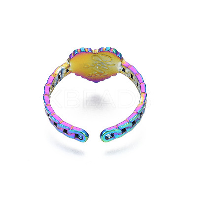 Ion Plating(IP) Rainbow Color 304 Stainless Steel Heart with Word Love You Open Cuff Ring for Women RJEW-S405-261M-1