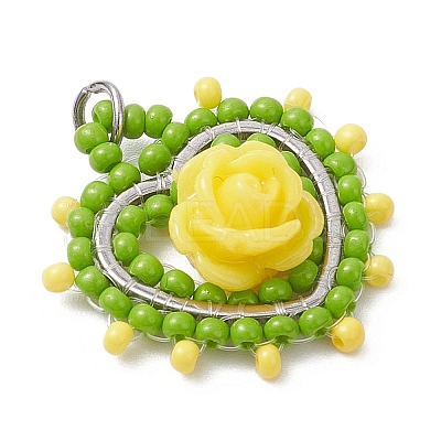 Glass Seed Beaded Heart with Rose Pendants PALLOY-MZ01030-02-1