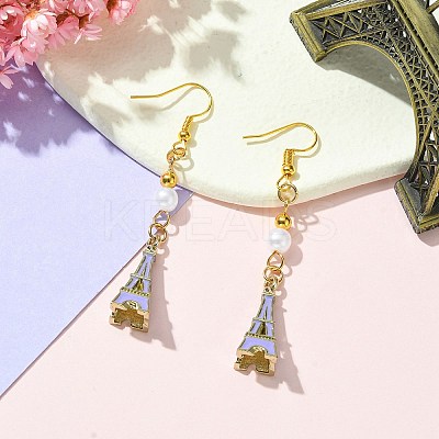 Alloy Enamel Eiffel Tower Dangle Earrings with Imitation Pearl Beaded EJEW-JE05422-02-1