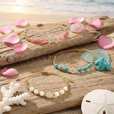 3Pcs Minimalist Adjustable Synthetic Turquoise & Watermelon Stone Glass & Natural Shell Beads Braided Bead Bracelets SR5600-5-1