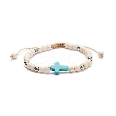 Synthetic Magnesite Braided Bead Bracelet with Synthetic Turquoise(Dyed) Cross BJEW-TA00146-01-1