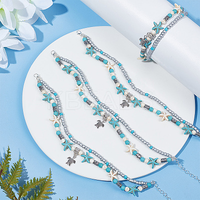 4Pcs Alloy Tortoise Charm Double Layer Multi-strand Anklet AJEW-AR0001-67-1