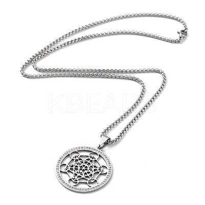 Crystal Rhinestone Flat Round with Hexgon Pendant Necklace with 201 Stainless Steel Box Chains NJEW-K253-11P-1