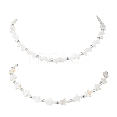 2Pcs 2 Styles Natural White Shell & Brass Moon Star Beaded Necklaces NJEW-JN05854-1