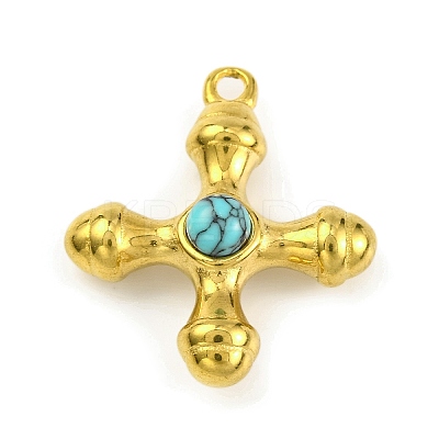 Synthetic Turquoise & 304 Stainless Steel Cross Pendants STAS-H221-01G-03-1