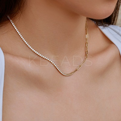 925 Sterling Silver Pave Clear Cubic Zirconia Paperclip Chain Necklaces for Women NJEW-Q342-10G-1
