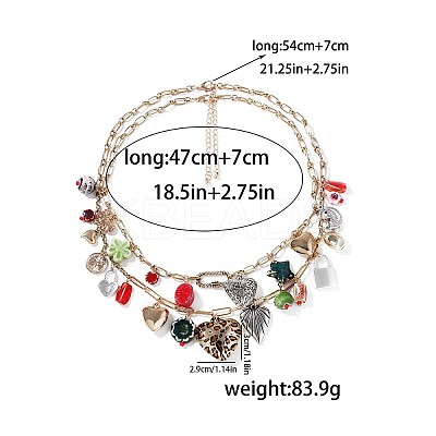 Zinc Alloy & Porcelain & Glass & CCB Plastic Flower Heart Lock Pendant Double Layer Bib Necklaces FS-WGC767F-01-1