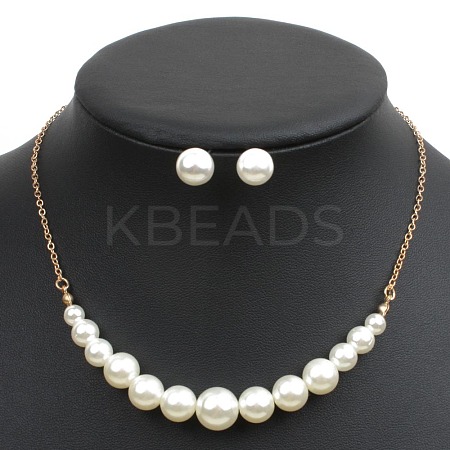 Alloy with ABS Plastic Pearl Round Beaded Necklaces & Stud Earrings Sets for Women WG13E8D-01-1