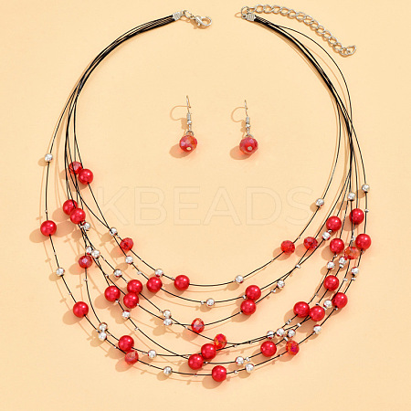 Bohemian Ethnic Style Alloy & Plastic Pearl & Glass Round Beaded Multilayer Necklaces & Dangle Earrings Sets FS-WG56E61-05-1