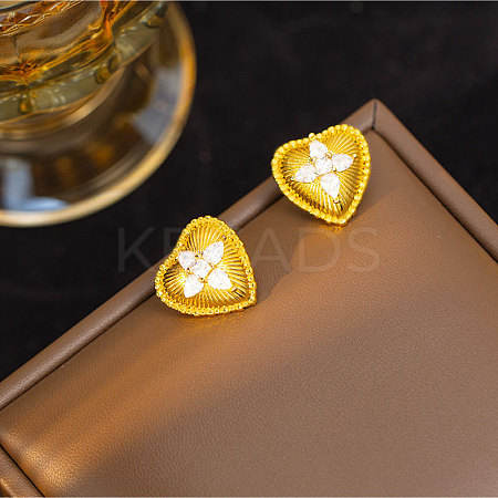 Heart Brass Micro Pave Clear Cubic Zirconia Stud Earrings EJEW-K325-01G-1