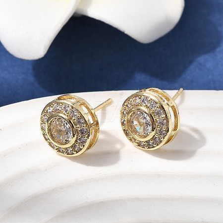 Flat Round Brass Micro Pave Clear Cubic Zirconia Stud Earrings EJEW-H180-13G-1