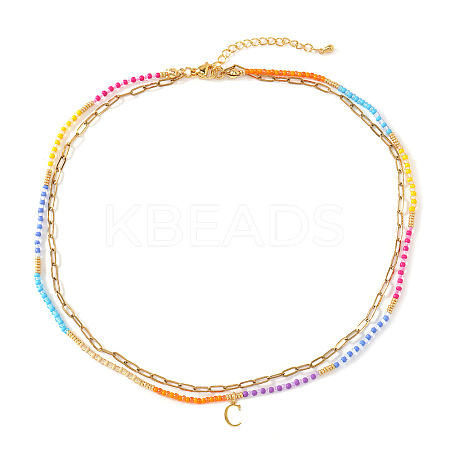 Colorful Glass Seed Beaded Initial Pendant Double Layer Necklaces QS3881-3-1