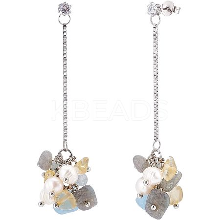 Natural Citrine & Aquamarine & Gemstone Chips Dangle Stud Earrings with Pearl EJEW-UN0002-08-1