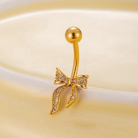 Brass Pave Clear Cubic Zirconia Curved Barbell Bowknot Belly Rings AJEW-L099-01B-G-1