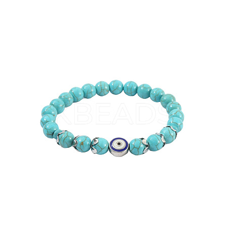 Synthetic Turquoise & Natural Tiger Eye Round Beaded Stretch Bracelets FS-WGB9D7B-02-1