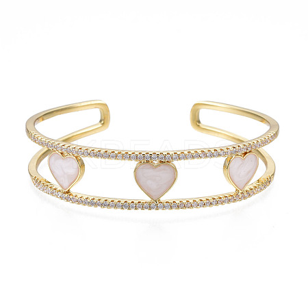 Enamel Heart Open Cuff Bangle with Clear Cubic Zirconia BJEW-N012-024-1
