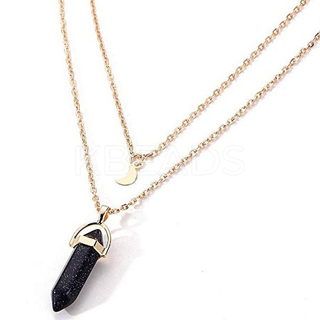 Synthetic Blue Goldstone Double Terminated Pointed Bullet & Moon Alloy Pendant Double Layer Necklaces for Women WGAD714-07-1