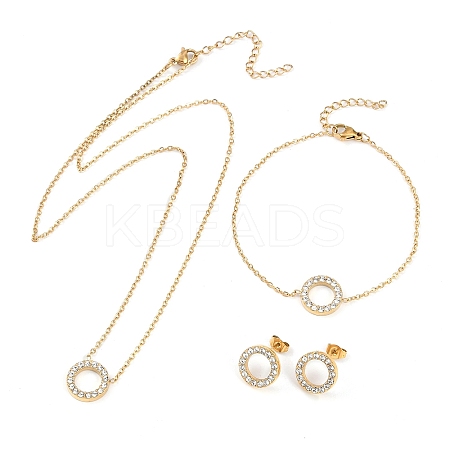 Ring PVD Vacuum Plating 304 Stainless Steel Crystal Rhinestone Pendant Necklaces & Bracelets & Stud Earrings Sets for Women SJEW-C004-09G-01-1