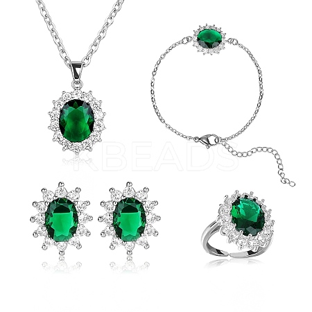 Cubic Zirconia Oval Pendant Necklace & Link Bracelet & Cuff Ring & Stud Earrings SJEW-SZC0001-01B-1