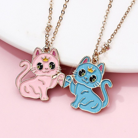 2Pcs Zinc Alloy Enamel Magnetic BFF Cat Shaped Split Pendant Friendship Necklaces for Girls FS-WG880EB-04-1