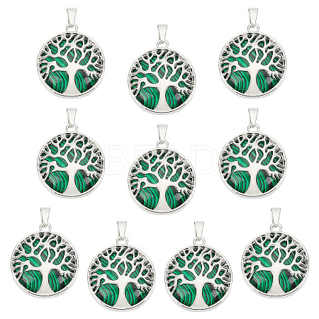 10Pcs Synthetic Malachite Flat Round Pendants G-AR0006-25B-1