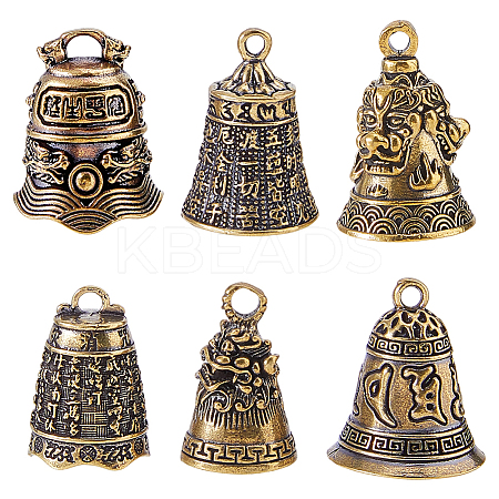 6Pcs 6 Styles Tibetan Style Brass Bell Pendants KK-FH0008-31-1