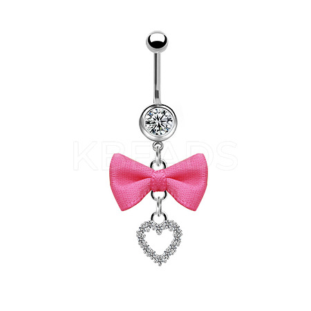 304 Stainless Steel Pave Cubic Zirconia with Cloth Bowknot Heart Dangle Belly Rings FS-WG03D58-05-1