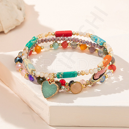 3Pcs 3 Styles Glass & Resin Beaded Stretch Bracelets & Alloy Heart Charms Bracelets for Women FS-WGDA739-01-1