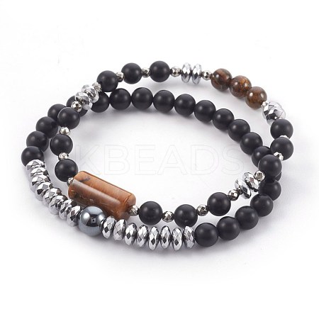 Natural Tiger Eye and Natural Black Agate Beads Stretch Bracelets BJEW-JB04012-04-1