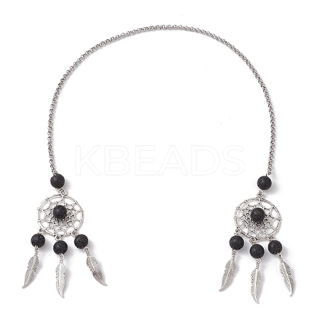 Woven Net/Web with Feather Alloy Pendant Decorations HJEW-JM02298-02-1