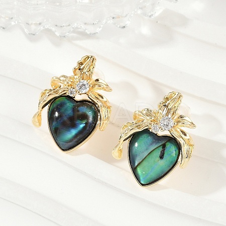 Heart Brass Abalone Shell & Clear Cubic Zirconia Stud Earrings KK-D301-09G-1
