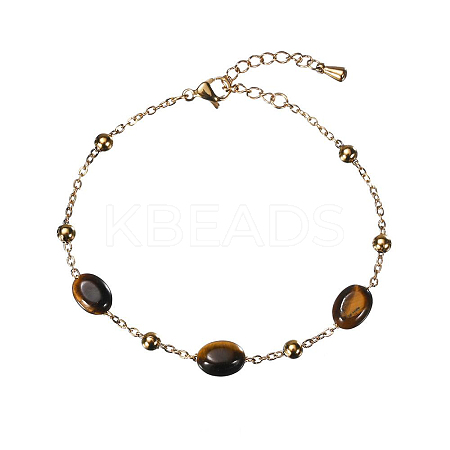 Real 18K Gold Plated Stainless Steel Natural Tiger Eye Handmade Chain Bracelets FW1421-3-1