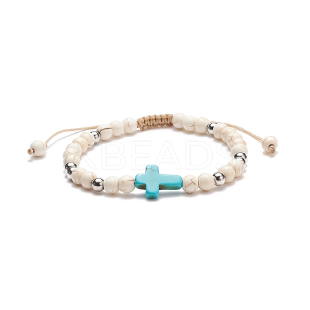 Synthetic Magnesite Braided Bead Bracelet with Synthetic Turquoise(Dyed) Cross BJEW-TA00146-01-1
