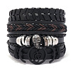4Pcs 4 Styles Wood Beads Stretch Braceletas & Alloy Artificial Leather Cord Bracelet Sets for Men FS-WG9743B-01-1