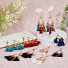 FIBLOOM 6 Pairs 6 Colors Leaf & Cotton Tassel Chandelier Earrings EJEW-FI0003-14-4