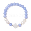 Natural Blue Lace Agate & Cultured Freshwater Pearl Round Beads Stretch Bracelets for Women BJEW-JB13086-01-2